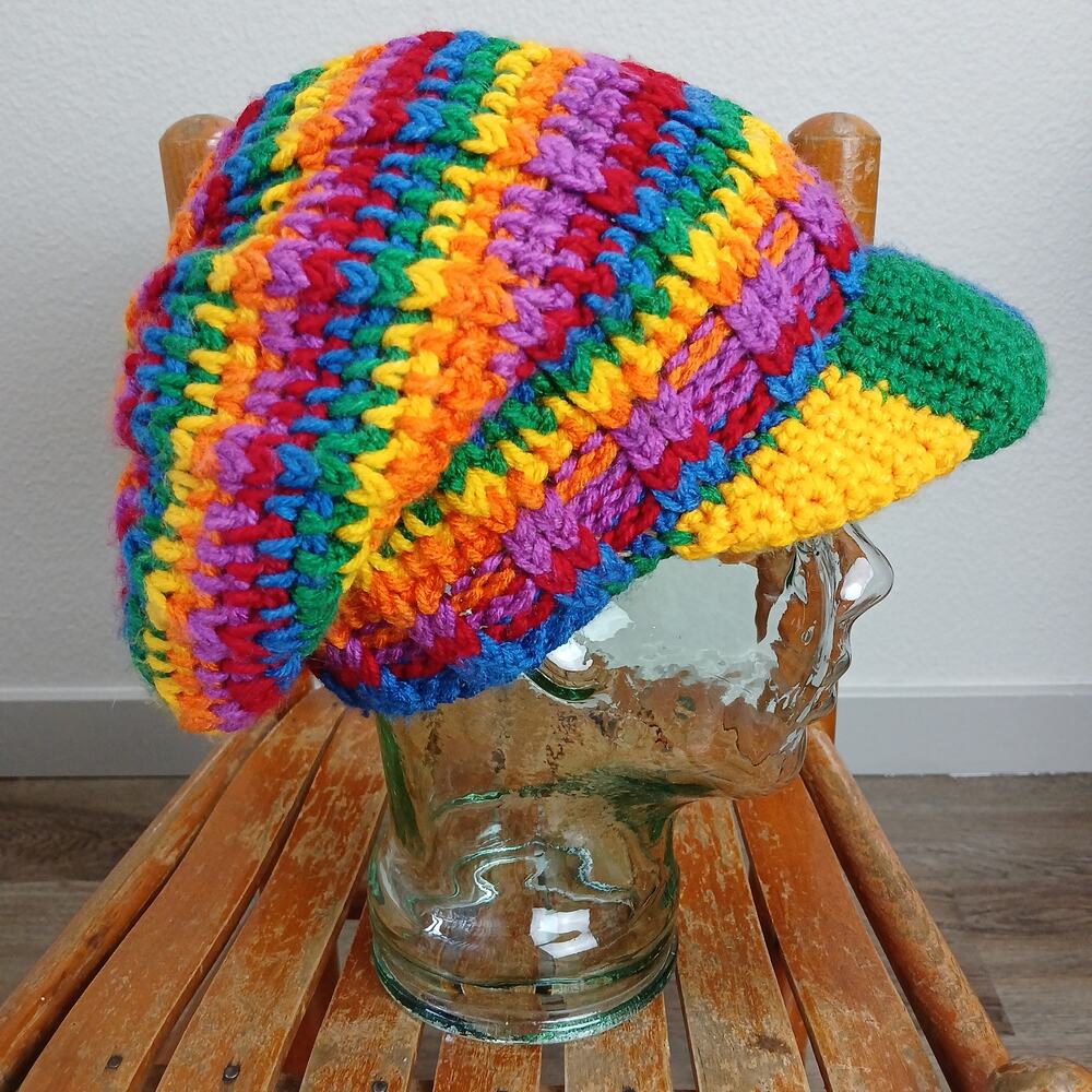 Rainbow Slouchy with a Brim OSFM handmade crochet newsboy premade Pride kidcore - Picture 4 of 8